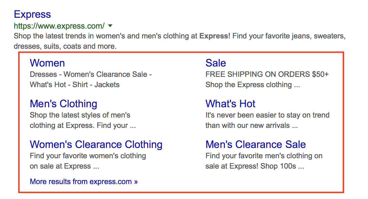 Google Search Results for "Express" highlighting sitselinks below the retailers results.