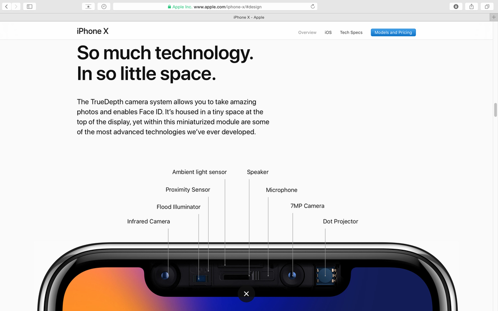 Apple Computers website on Safari Browser showcasing latest Apple products - showcasing latest iPhone X 10 and true depth camera
